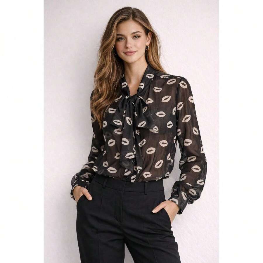 Lips Print Tie Neck Sheer Blouse - Black - Multicolor - View 1