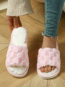 Plush One-Toe Open Slippers For Women, Simple Fluffy Indoor Couple Slippers - Pink - View 2