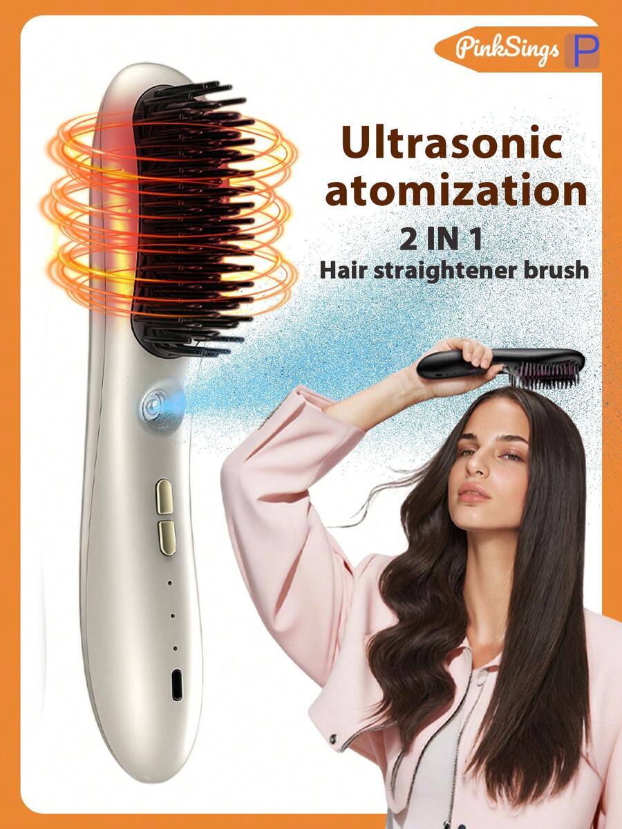 PinkSings 3-In-1 Rechargeable Wireless Nano Mist Straightening Brush, Easy Curling, Includes Hair Oil Care, Instant Heating - White - View 1
