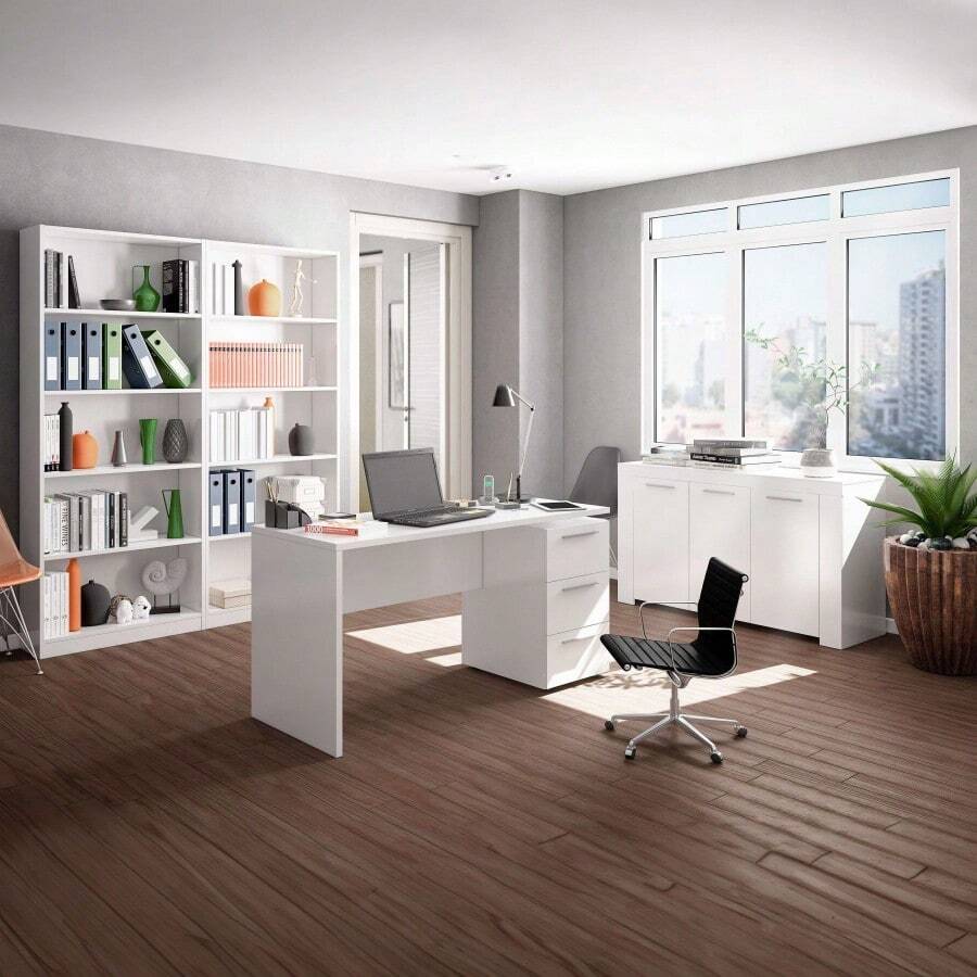 Miroytengo Conjunto de muebles despacho blanco moderno mesa escritorio 138x60 cm, aparador 144x42 cm, 2 estanterías 80x28 cm blanco artik melamina mate, mobiliario de oficina completo fabricación nacional. De 3 a 5 días de envio - Blanco - Ver 1