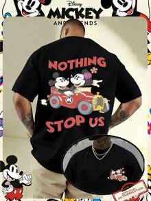 Disney Officially Licensed Mickey & Minnie "Nothing Stop Us" Double-Sided 220g 100% Cotton T-Shirt, Unisex Regular Fit Casual Streetwear - 黑色 - 查看 1