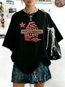 Hellstars Path To Paradise Flame Head Y2K Graphic T-Shirt,220g 100% Cotton,Round Neck Short Sleeve,Black Streetwear Essential For Summer Going Out,Unisex Style - Black - View 1