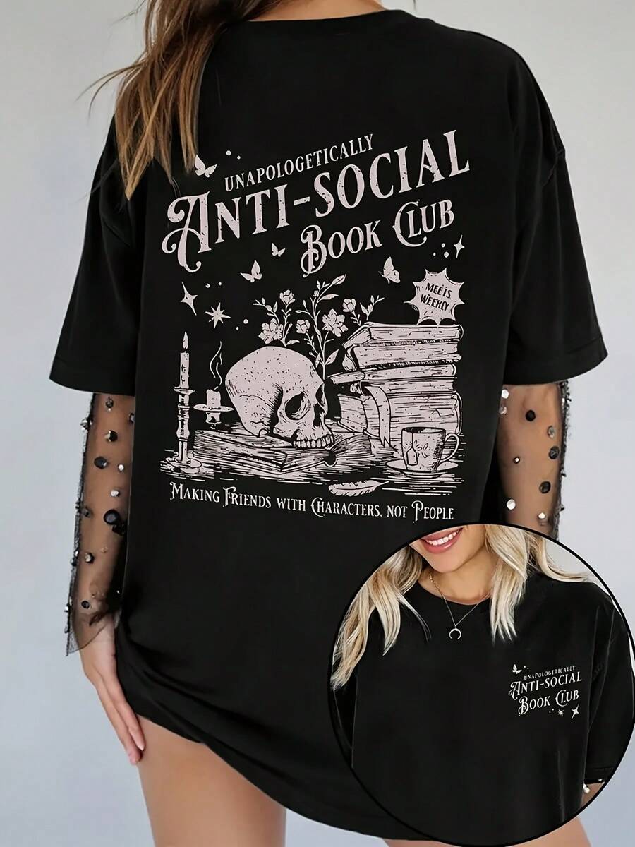 Plus Size Graphic Print T-Shirt, Short Sleeve Crew Neck Casual Top For Summer & Spring, Women's Plus Size Clothing-Vintage Street Style Unisex Loose Cotton Short Sleeve Crew Neck T-Shirt - 黑色 - 查看 1