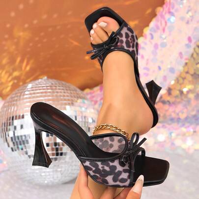 Fashionable Leopard Print Mesh High Heel Mule Sandals, Square Toe Stiletto Slip-On Dress Sandals For Women