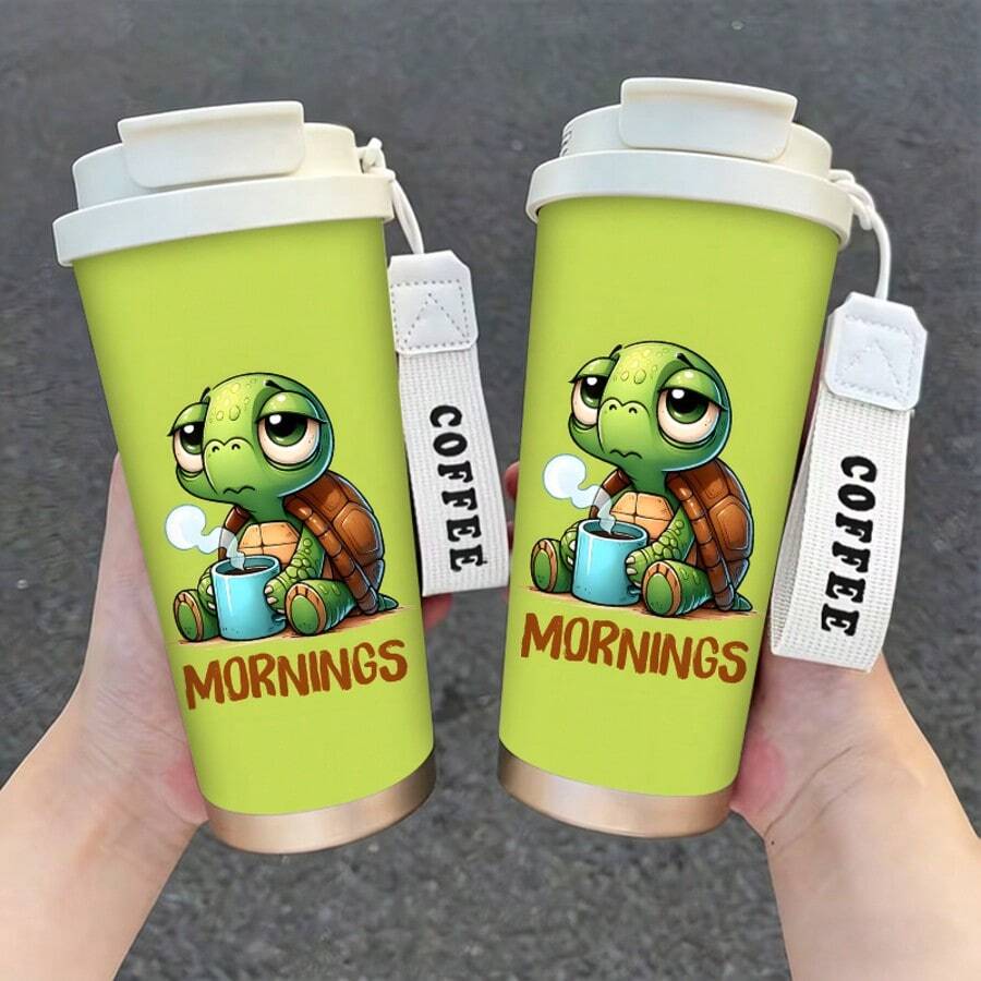 1pc/5pcs 500ml Stainless Steel Mug With Slouchy Turtle Pattern, Suitable For Mother's Day, Father's Day, Theme Parties, Birthdays And Other Holidays As Gifts. Keeps Drinks Hot/Cold, Sturdy Handle For Secure Grip, Portable For Office, Study, Fitness, Travel And More Occasions. Great For Personal Use, Holidays And Celebrations.