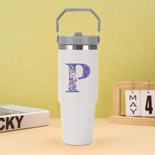 30oz Water Bottles Stainless Steel Insulated Tumbler With Carry Handle Double Walled Leak Proof Fits Most Cup Holder Water Cup With Lid And Straw For Gym Home Office Travel A-Z Letters Purple Flower Pattern - Multicolor - View 34