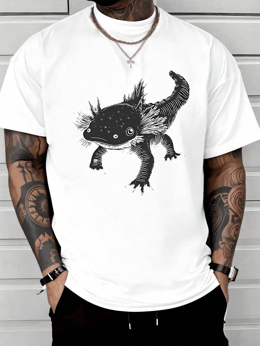 Figura de ajolote con textura artística que simboliza la fuerza interior y la conexión con la naturaleza acuática representando renovación y equilibrio espiritual en cada trazo camiseta de hombre cómoda moderna ideal para uso diario y reflejar personalidad única - Blanco - Ver 1