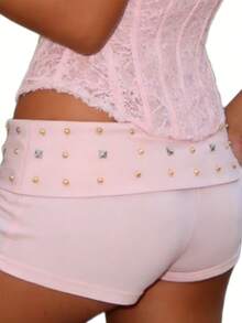 Women Y2K Studded Foldover Micro Shorts Vintage Low Waist Slim Fit Mini Shorts Summer Boxer Short Party Clubwear - 粉色 - 查看 3