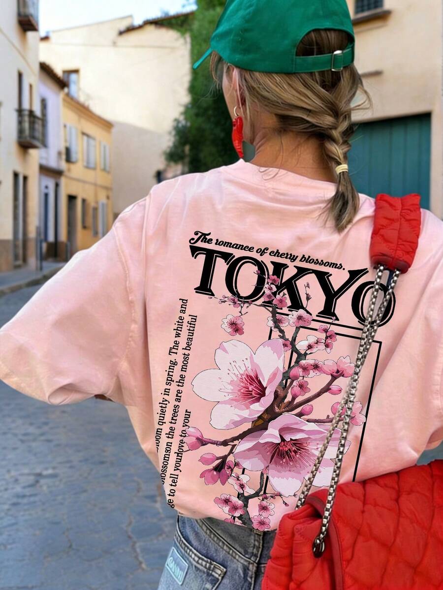女士夏季新款休闲樱花印花圆领短袖T恤,时尚百搭粉色上衣 - 粉色 - 查看 1