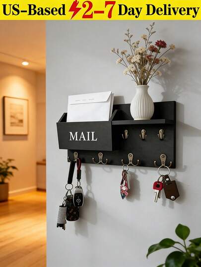 [Delivery Within 2-7 Days In The United States] Premium Wooden Wall-Mounted Key And Mail Organizer Multifunctional Strong Load-Bearing Built-In Hooks Two-Tier Mail Compartments Easy Installation Decorative And Practical Storage Elegant Minimalist Shelf Ideal For Homeowners Renters Pet Owners And Organization Enthusiasts Space-Saving Rack For Entryway Hallway Living Room Doorway Wall Decor Home Storage Shelf (15" X 7.87" X 3.4")