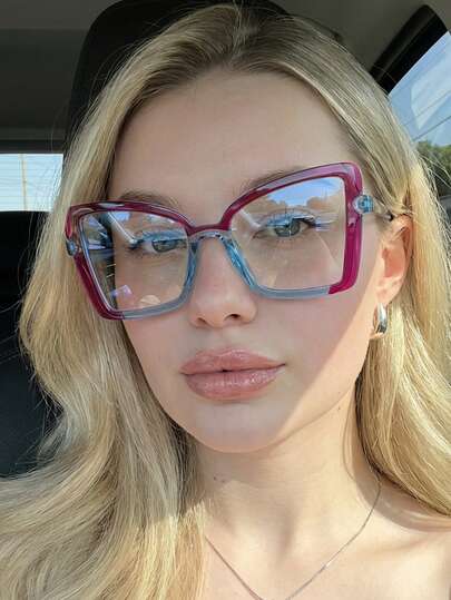 1副女士撞色蝴蝶框PC镜片眼镜，清新优雅复古时尚大框无度数眼镜