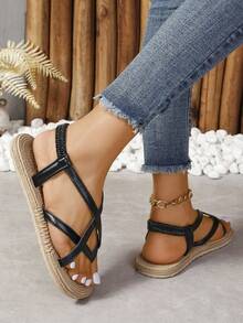 Nuevas sandalias de playa planas minimalistas de moda para el verano, para mujeres - Negro - Ver 5