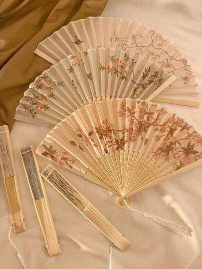 1pc Vintage Folding Fan, Tassel Handheld Bamboo Fan, Crabapple Blossom Fan, Bamboo Fan, Painting Fan, Foldable Hand Fan, Wedding Hand Fan, Party Hand Fan, Decorative Fan, Elegant Casual Style, Mother's Day Gift, Birthday Gift, Back To School Gift