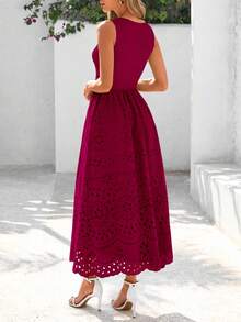Women Casual Sleeveless Crewneck Lace Eyelet A-Line Flowy Tank Maxi Dress With Pockets Boho Bohemian Summer Spring Holiday Vacation Beach Outfits - 酒紅色 - 查看 2