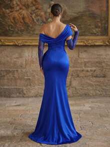 Smilprince Elegant Long Sleeve Asymmetric Neckline Ruched Slit Women's Evening Gown - Royal Blue - View 2