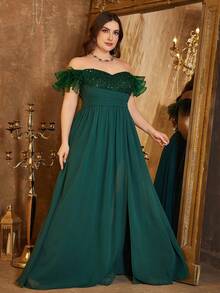 SUPGIR V-Neck Strapless Dress With Ruffle Sleeves, Waist Pleats, Luxury Beaded Patchwork Flared Skirt, Party Occasion Dress - Dark Green - View 4