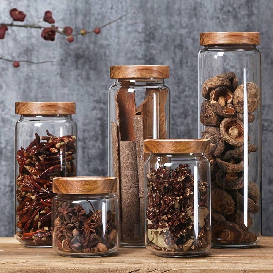 1pc Glass Storage Jar With Bamboo Lid, Glass Food Storage Container, Airtight Glass Jar For Storing Candy, Cookies, Rice, Coffee Beans, Snacks, Spices, Kitchen Accessories, Heat-Resistant Glass Storage Jar, Kitchen Food, Grains, Coffee Beans, Tea, Sealed Jar, Transparent Storage Container - Multicolor - View 1