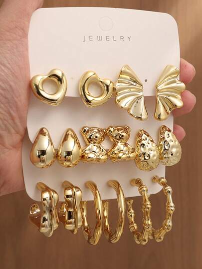 4/6/16pcs Fashionable Teardrop, Bear, Wing & Geometric Metallic Gold Tone Earring Set, Elegant Everyday Wear Earrings For Women