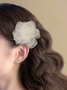 2pcs Ladies' Sweet White Mesh Flower Hair Clips, Suitable For Daily Use Boho Valentine's Day Valentines Hair Accessories For Women Claw Clips Hair Claws Hair Barrettes, School Stuff, Vacation Outfits Woman - White - View 2