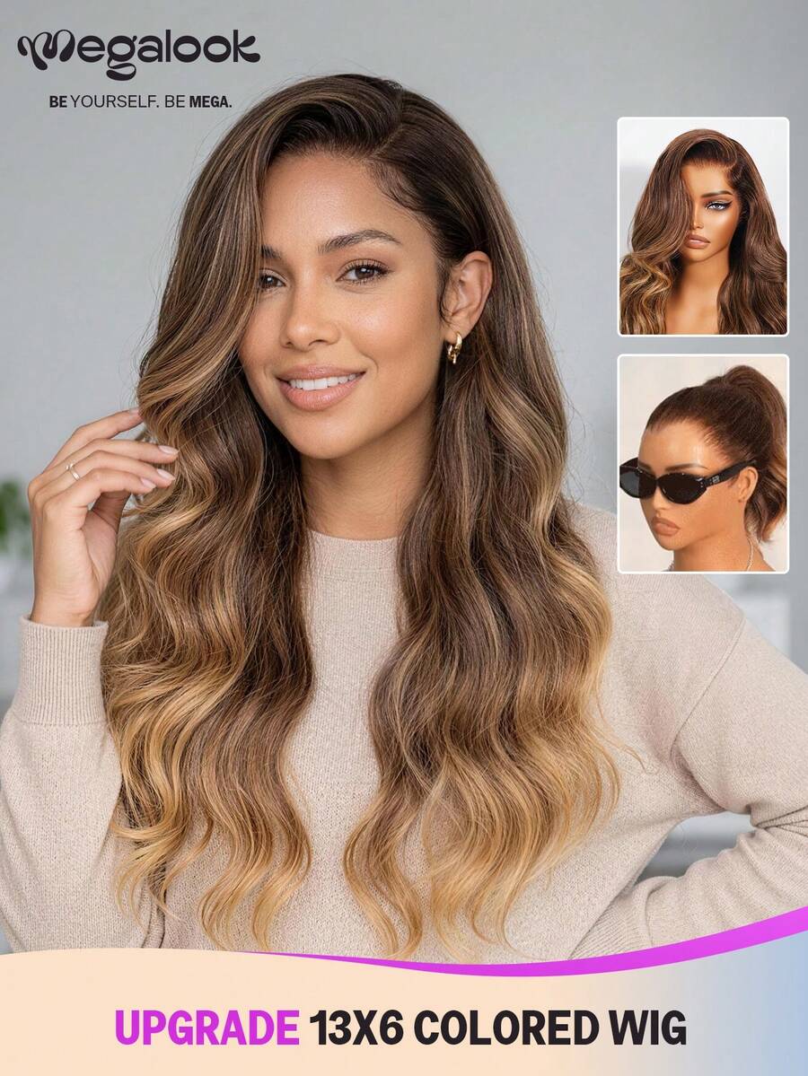 MEGALOOK Peluca frontal de encaje sin pegamento de 13x6 de cabello humano, onda corporal, degradado marrón con reflejos, peluca sin pegamento 100% cabello humano virgen, con tapa transpirable y cordón ajustable para mujeres - Multicolor - Ver 1