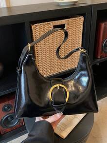 时尚简约女士单肩包，金属装饰，褶皱设计，可肩背/腋下挎，新款秋冬咖啡色可调节肩带手提包，适合大学生日常购物，轻便大容量，通勤必备。 - 黑色 - 查看 8