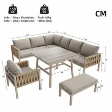 Garden Furniture Set Rope-Weave Outdoor Sofa Set With Galvanized Steel Frame Adjustable Legs L-Shaped Sofa Tempered Glass Table Top Includes All Seat And Back Cushions Beige - 米色 + 鐵 - 查看 6