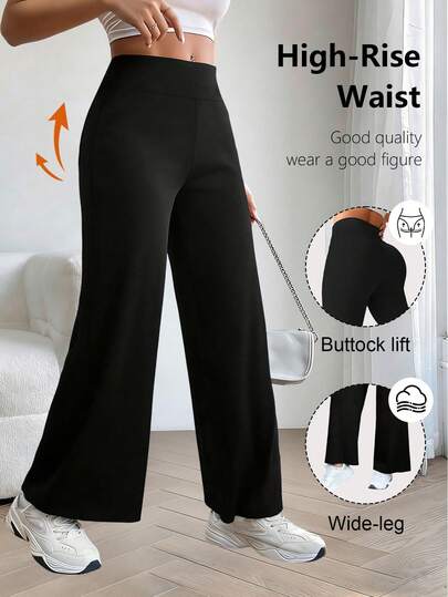 1pc Women's Solid Color High Waist Straight Leg Pants, Elastic Black Commuter Trousers, Elegant And Stylish Office Classic, Suitable For All Seasons Formal And Casual Wear, Applicable For Running, Tennis, Gym, Work, Outdoor, Home, Casual Loose Wide Leg Pants, Slimming Sports Leggings, Fashionable Base Layer Pants