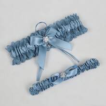 手工新娘吊袜带套装，蕾丝缎面水晶腿套，婚礼专属腿部配饰 - 霧霾藍 - 查看 6