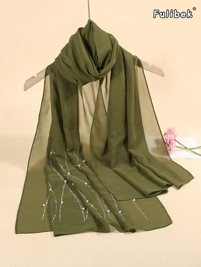 New Elegant Women's Scarf Hijab Pearl Beaded & Rhinestone Bow Chiffon Shawl Lightweight Breathable All-Season Wrap For Party Dinner Evening Occasions