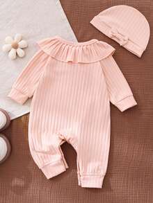 Mono suave y amigable con la piel para bebé niña, color rosa, cuello redondo de manga larga con volantes, decoración de moño, cierre delantero de botones, para todas las estaciones - Rosa - Ver 2