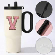 1个冰霸杯，大容量不锈钢恒温水瓶，便携式，26个字母A-Z图案，带吸管手柄 - 白色 - 查看 17