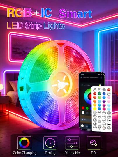 一套LED灯带，USB供电，APP控制，音乐同步变色，可调光，多种模式，自带背胶，多种尺寸可选，适用于电视/电脑背光、节日装饰、室内家居装饰、卧室氛围营造。