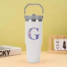 30oz Water Bottles Stainless Steel Insulated Tumbler With Carry Handle Double Walled Leak Proof Fits Most Cup Holder Water Cup With Lid And Straw For Gym Home Office Travel A-Z Letters Purple Flower Pattern - Multicolor - View 30