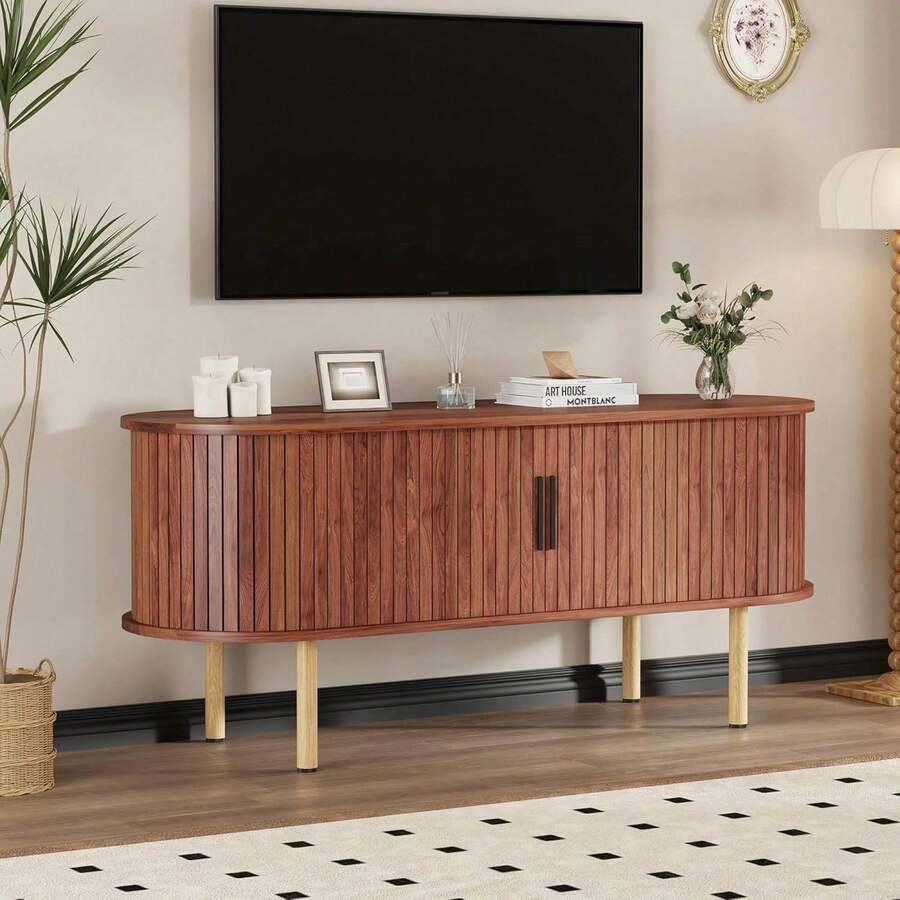 Armario buffet de roble moderno de 47 "con puerta deslizante - Gabinete de almacenamiento lateral para cocina sala de estar entrada diseño medio siglo duradero y elegante - Mango negro - Ver 1