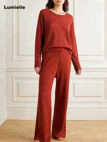 Lumielle Women's Solid Color Round Neck Drop Shoulder Long Sleeve Sweater And Wide Leg Knit Pants 2 Piece Set, Autumn/Spring Clothes(This Style Runs Small.) - 紅色春夏款 - 查看 1