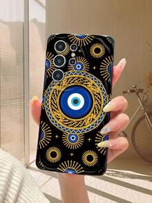 1个时尚恶魔之眼图案不规则奶油色手机壳，适合女性日常使用，兼容三星Galaxy S23/S24/S25/S26/A57/A37/A17/A07，//纯安卓系列 - 黑色 - 查看 4