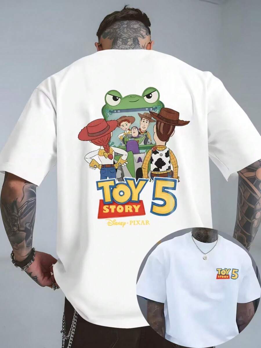 Disney Men's Casual Toy Story 5 Woody, Buzz, Lightyear Pattern Printed T-Shirt,Round Neck Comfortable Polyester Fabric, Stylish Streetwear Suitable ForCasual Attire, Men's Clothing - White - View 1