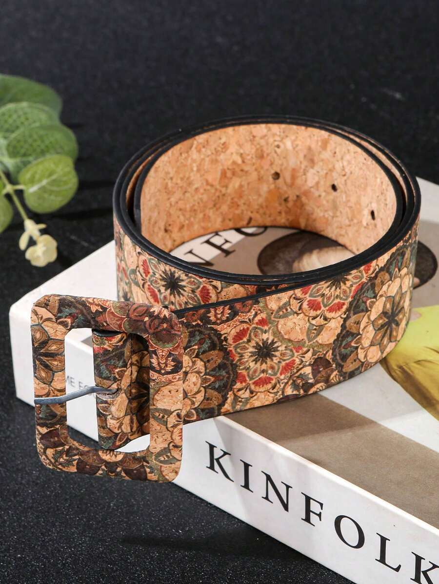 1pc Women's Faux Wood Grain Western Buckle Floral Print Belt, Suitable For Dresses, Skirts And Other Outfits, Bohemian PU Leather Belt, Spring/Summer - Multicolor - View 1