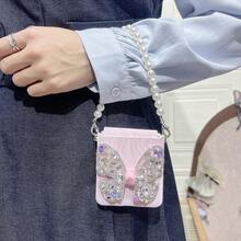 keshengtai PU Leather Ripple Rhinestone Butterfly Phone Case With 1pc Pearl Bracelet, Hard PC Back Cover Protective Case For Samsung Galaxy Z Flip7, Z Flip7FE, Z Flip6, Z Flip5, Galaxy Z Flip4, Galaxy Z Flip3 - Pink - View 6