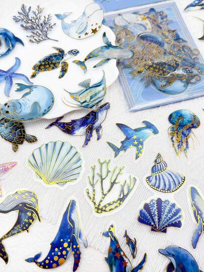 50pcs Marine Life Gold Stamping PET Stickers Decals For Phone Laptop Luggage Scrapbook Refrigerator Bicycle Cartoon Graffiti Stickers Scrapbook Supplies Stationery Funny Stickers