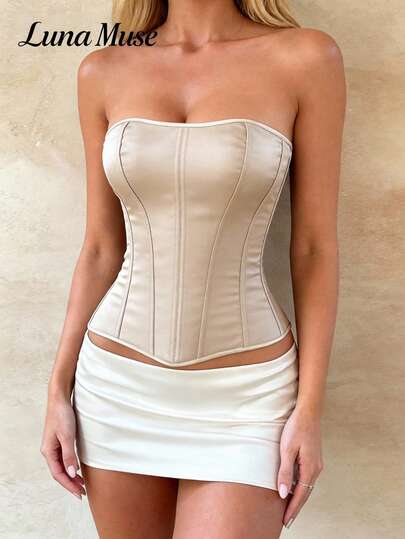 Luna Muse Women's Spring/Summer New Fashion Zip-Up Bustier Top, Black Corset Bra Autumn Black Vintage Fishbone Corset Sexy Crop Top Short Strap Camisole Top, Elegant Fitted High-End, Suitable For Daily, Party, Vacation, Casual, Date, Street, Performance, Outdoor, Back To School, Punk Style, Thanksgiving, Music Festival, Valentine's Day, New Year Party