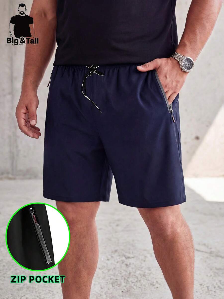 Plus Size Men's Shorts, Summer Elastic Straight Leg Knee Length Pants, Solid Color, Zipper Pockets, Drawstring, Lightweight, Suitable For Sports, Running, Fitness