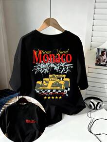 Monaco F1 Retro Speed Style T-Shirt, A Retro Holiday Look, Casual Men's T-Shirt Made Of Pure Cotton, Loose And Comfortable Fit, Suitable For Everyday Wear, Outdoor Sportswear, Perfect For Streetwear And Holidays, Summer Clothing For Men, F1 Themed T-Shirt. - 黑色 - 查看 2