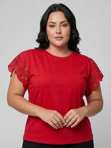 Blusa Feminina Manga Curta Plus Size Casual Algodão Bordada T-Shirt - Vermelho - Visão 2