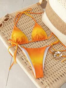 Onefish Women Orange Yellow Gradient Bikini Set Triangle Halter Sliding Cup Bikini Top Adjustable Tie Side Bottom Low Rise High Cut Minimal Coverage Sexy Summer Beach Vacation Swimwear - Orange - View 3