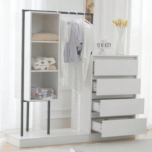 Schubladenschrank, Kleiderschrank-Set, bianco Kleiderschrank, Credenza, Kleiderstange, Massa: B140/W40/H135,weiß - Bianco + pannello truciolare - Visualizzare 1