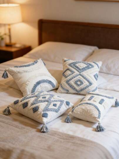 1개/2개 세트 블루 & 화이트 기하학적 다이아몬드 패턴 스로우 베개 커버, 보헤미안 스타일 태슬 자수, 가정, 거실, 사무실 소파, 자동차, 침대, 야외 정원, 휴일 파티, 라운지 의자, 사계절용 모던 북유럽 장식 쿠션 커버, 속통 없음