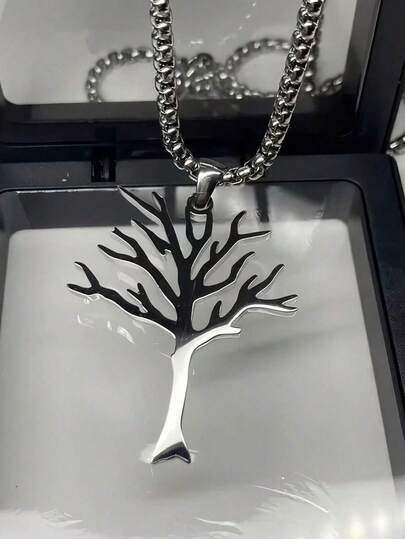 Funky Stainless Steel Tree Of Life Pendant Necklace - Silvery Hollow Design Fashion Accessory