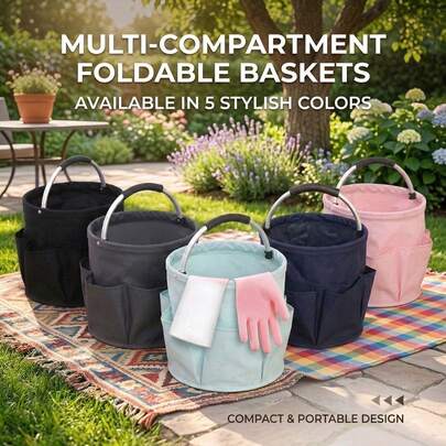 Cesta de almacenamiento plegable con múltiples bolsillos + Guantes de jardinería de doble color, adecuados para jardinería, almacenamiento al aire interior