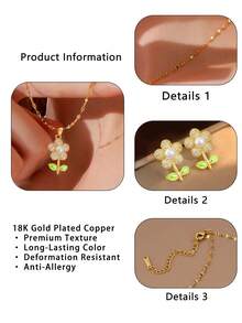 1pc Cute Titanium Steel Necklace Paired With A 18K Gold-Plated Copper Flower Pendant Stud Earring Inlaid With Cubic Zirconia Is A Suitable Gift For Family And Friends. - Multicolor - View 8